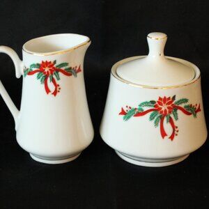 Vintage Poinsettia and Ribbons Porcelain Sugar and Creamer Set